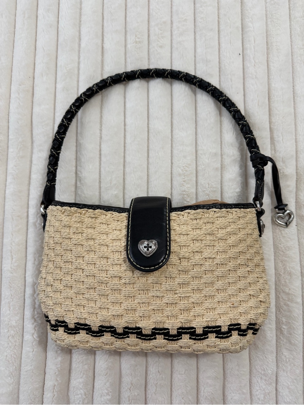 Brighton Beige Woven Shoulder Bag with Black leather Trim